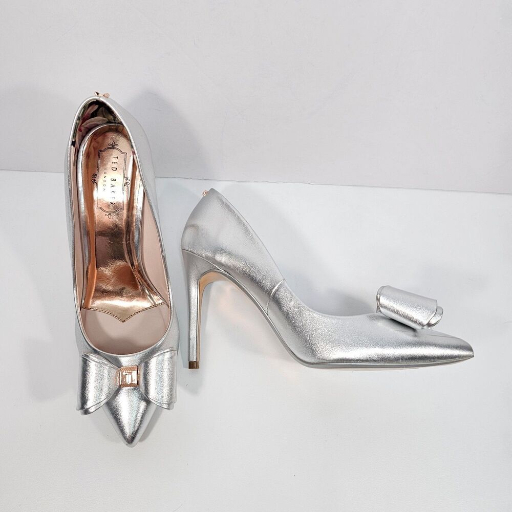 Ted Baker Azeline Silver Leather Bow Pumps Cinderella Wedding Shoes 39.5 US 8.5